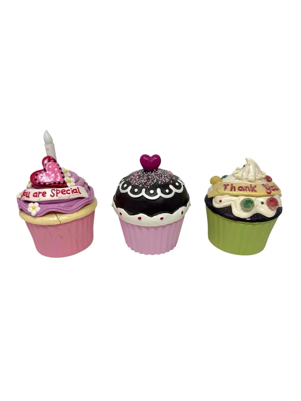 Decorative Pink and Green ceramic Cupcake trinket boxes and candle Set of three